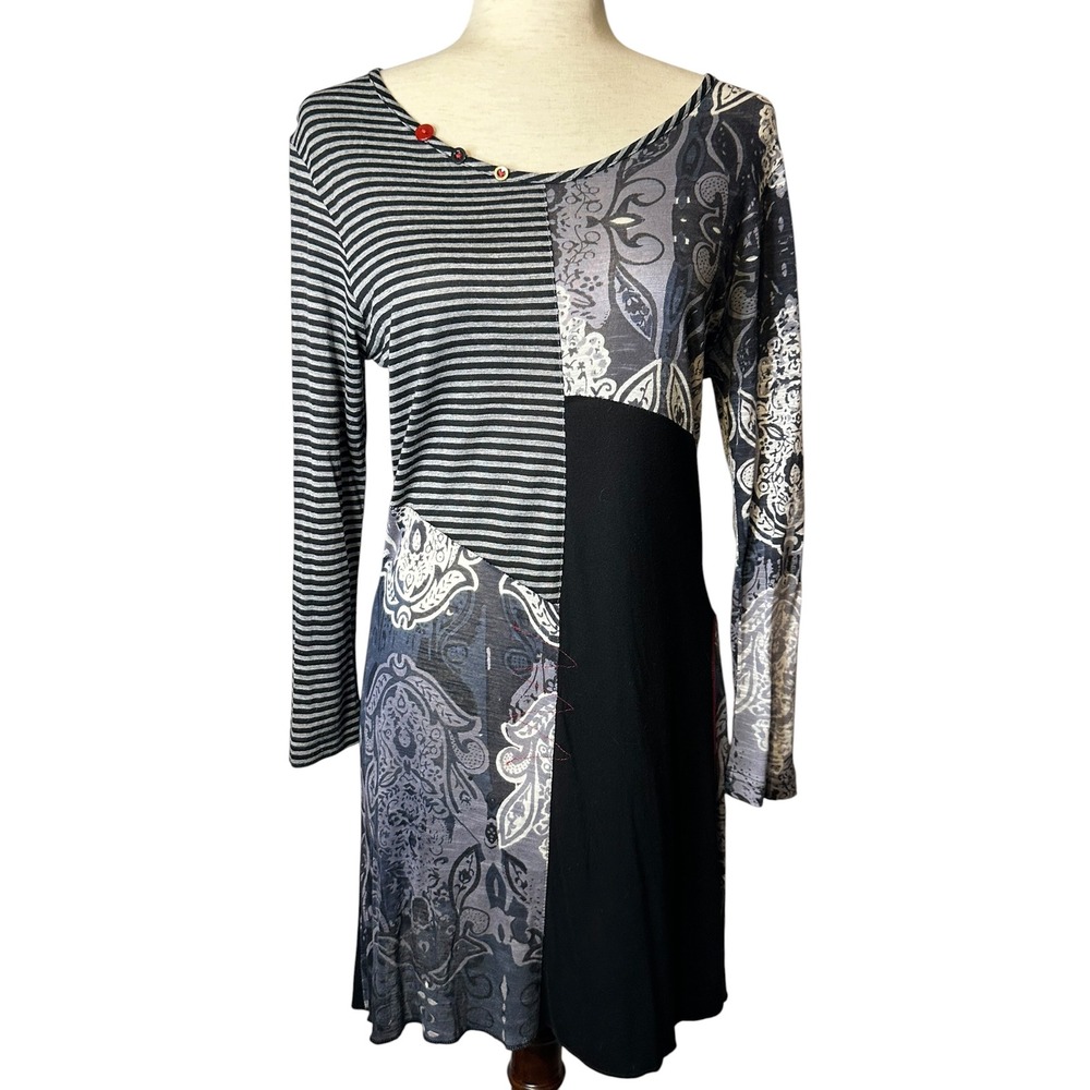 Paisley & Sage Patchwork Boho Tunic Mini Dress Striped Artsy Whimsigoth Medium